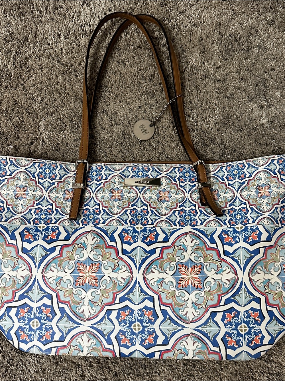 Nine West Blue Multi-Patterned Tile Print Tote with Brown Handles